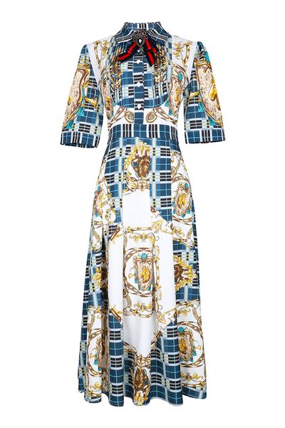 

european and american women's dress 2019 summer new style five-point sleeve in vintage print beaded bows fashion lapel dress, Black;gray