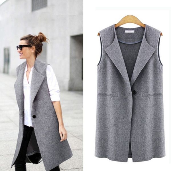 

casual sleeveless blazer vest woman ladies femme female summer black gray plus size oversized big quilted long suit vests jacket, Black;white