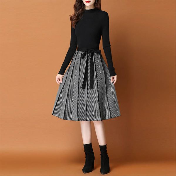 

women dress simple elegant dress spring autumn winter o-neck long sleeve a-line knitted midi dress plus size vestidos de festa, Black;gray