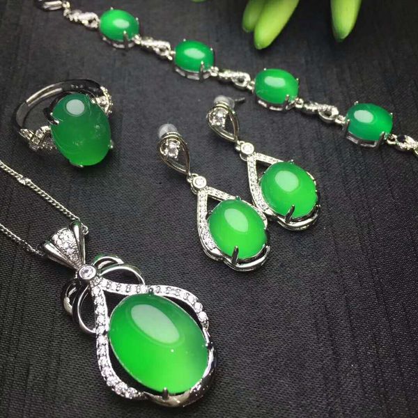 

fine jewelry 925 silver inlaid with natural green jade set oval jade pendant necklace ring and earing sterling silver set blue, Black