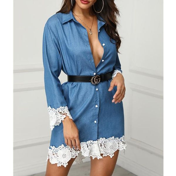 

women's sleepwear fashion denim dress button summer lace long sleeve office ladies casual loose mini shirt, Black;red