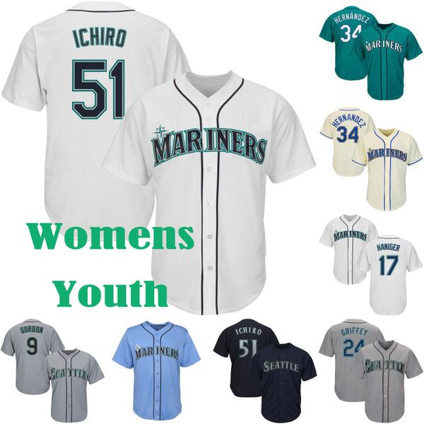 

Lady and Youth Seattle Jersey 51 Ichiro Suzuki 24 Ken Griffey Jr. 17 Mitch Haniger 19 Jay Buhner 34 Felix Hernandez Mariners Baseball Jersey