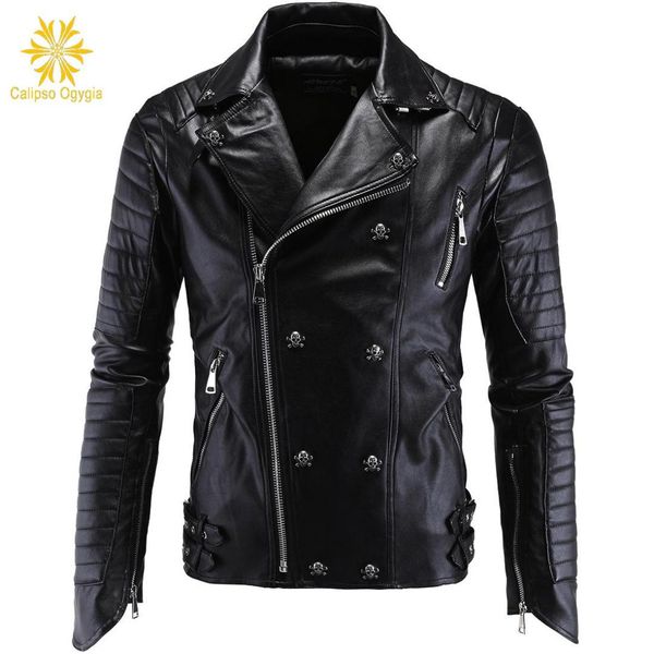 

winter fashion mens leather jackets and coats full pelt skullls botton punk style zippers pu leather jacket men motorcycle coat, Black