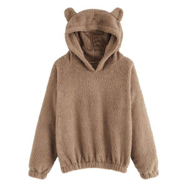

women hoodies sweatshirt kawaii fleece fur coat winter warm teddy bear ears soft jacket thick coat hooded outwears sudadera, Black
