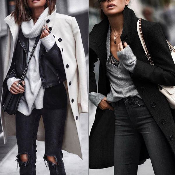 

women's wool & blends feitong fashion women winter street solid turn down collar full sleeve button woollen coat warm pocket jackets #1, Black