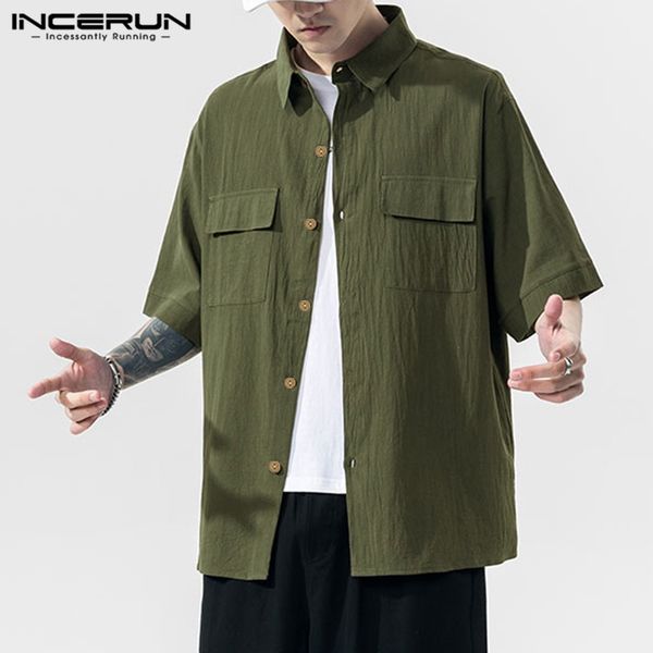 

2020 summer casual shirts men short sleeve lapel shirt man plain cotton blouse japanese style solid color breathable s-5xl, White;black