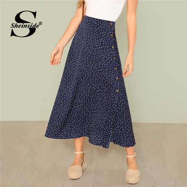 

sheinside navy polka dot slit side long skirt women vacation summer beach skirts 2019 womens clothing fashion mid waist skirt, Black;gray