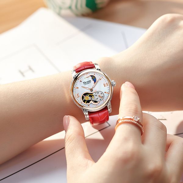 

automatic women watch ladies 2018 fashion genuine leather skeleton luminous zegarki meskie women bracelet watch, Slivery;brown