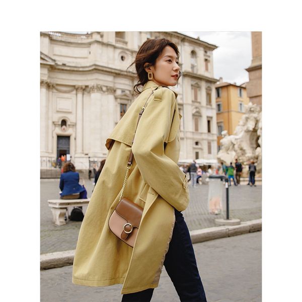 

inman 2019 spring autumn cotton solid color women double breasted turn down collar fashion trench coat, Tan;black