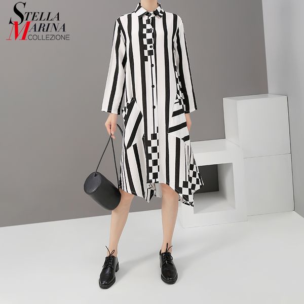 

new women fashion 2020 white striped shirt dress full sleeve printed straight ladies stylish casual midi dress robe femme 5411, Black;gray