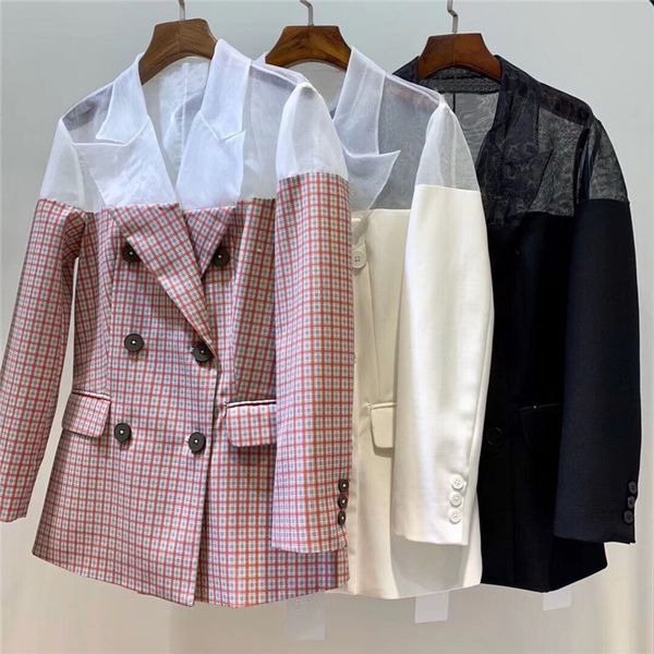 

z-zoux womens blazers organza spliced plaid women blazer long sleeve double breasted blazer women suit coat spring autumn 2019, White;black