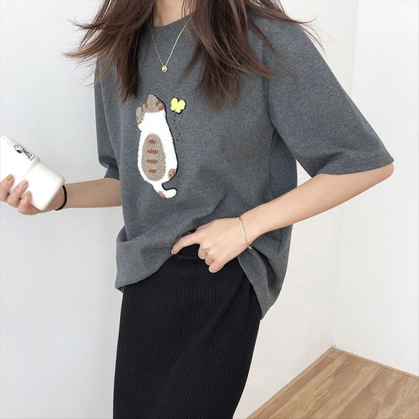 

домашнее полотенце вышитые котенка утолщенных с короткими рукавами т- трусы футболка подштанники женщиной 2020 лето рыхлого мультфильмом баз, White