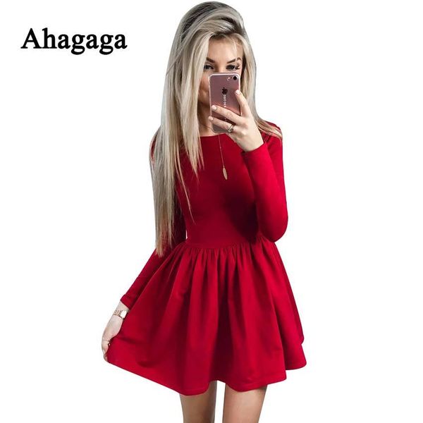 

ahagaga 2019 spring dress women fashion solid red black o-neck elegant club casual cute a-line dress women dresses vestidos, Black;pink