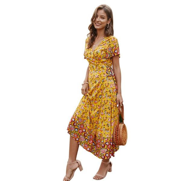 

women's 2020 summer new v-neck high waist dress ladies thin yellow floral sashes temperament hem slit dresses, White;black