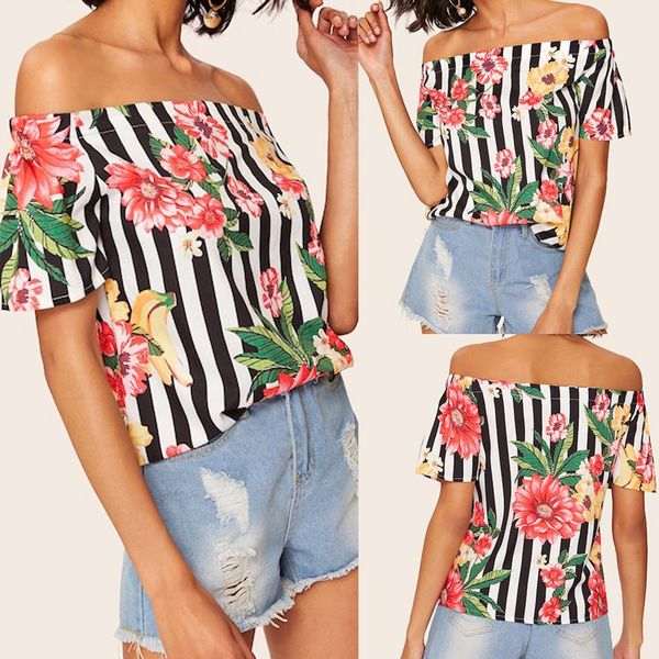 

womens fashion off shuolder short sleeve t-shirts stripe printing blouse, White