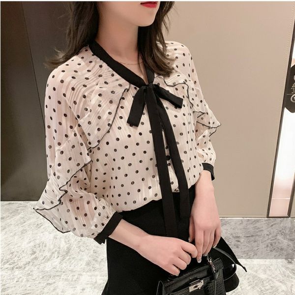 

2019 summer korean chic casual v neck brief single breasted dot blouse bow fashion seven quarter women, White