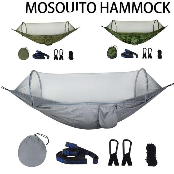 

outdoor hammock with mosquito net buckle portable auto jungle parachute hammock camping sleeping tree swing bed army 1-2 person