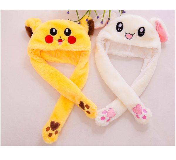 

1pc 60cm funny pikachu and rabbit hat with ears moving plush toy stuffed soft creative hat doll cute birthday gift for kids girl