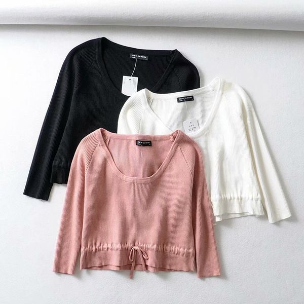 

40-939, 2020 new sweater u brought the draw string seven ruffled cuff knitted t-shirt, White