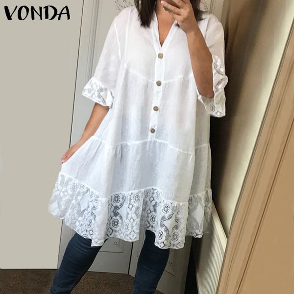 

выдалбливают туника топы женская блузка мода осень сорочка 2019 vonda женщин 3/4 flare рукавом рубашки женские blusas негабаритных, White