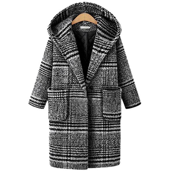 

plaid woolen coat women 2018 autumn winter thicken warm hooded plus size 5xl female loose long woolen jackets ioqrcjv h573, Black