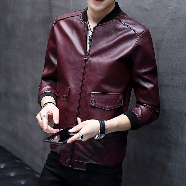 

вино красное мужские стенд воротник байкерские куртки мода осень мужская искусственная кожаная куртка chaqueta cuero hombre veste cuir homme, Black