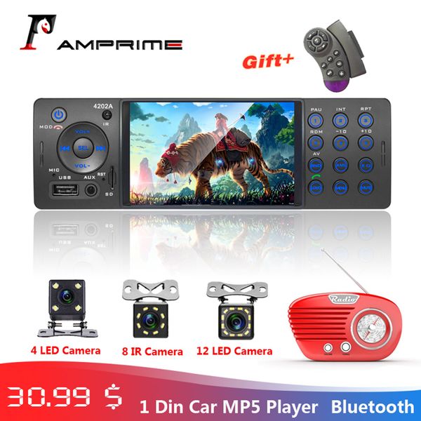 

amprime car radio 1din 4.1" car auto audio stereo bluetooth autoradio fm/aux/tf/usb with rear view camera steering wheel control