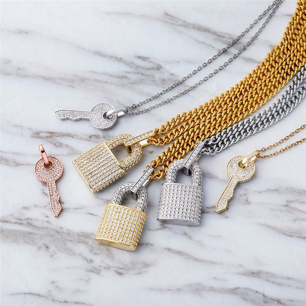 

men and women gold silver color full cz key pendant necklace with o chain charms jewelry gifts