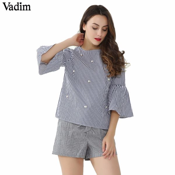 

вадима стильного жемчуг бисероплетения полосатых рубашек вспыхивает рукав мило шик три четверти рукава блузки дамы моды случайных вершины bl, White