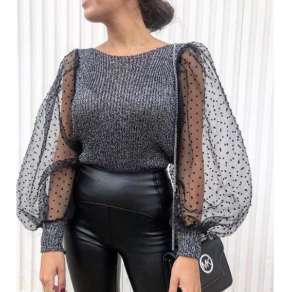 

elegant knitted patchwork blouse mesh puff sleeve o-neck streetwear 2019 new fashion, White