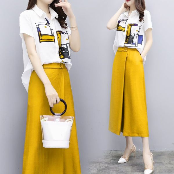 

floral print shirt wide leg pants two piece set summer casual fashion ensemble femme deux pieces elegant costumes for women, White