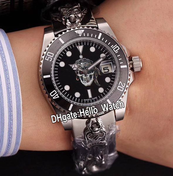 

new sub date 116610ln-97200 116610 automatic mens watch skull black dial sapphire ceramics bezel retro steel bracelet watches hello_watch, Slivery;brown