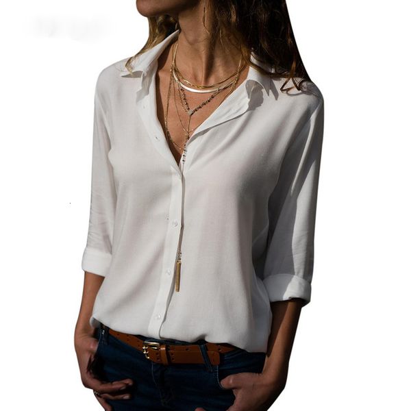 

women blouse women women deep v neck chiffon blouse solid long sleeve button shirts autumn office elegant blusas, White