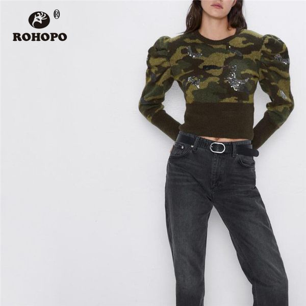 

rohopo круглый воротник puff с длинным рукавом свитера camo добби sequined patchaork манжета и hem crop tops пуловер трикотаж # 9285, White;black