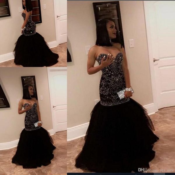 2020 neue afrikanische schwarze Mädchen-Abendkleider tragen Schatz-wulstige Kristall-Schleife-Zug-Meerjungfrau-formales Tüll-Partykleid plus Größen-Abschlussball-Kleider