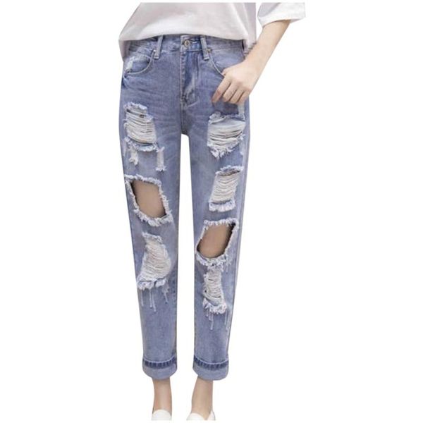 

fashion womens hole button ladies denim high loose casual pencil solid pants, Blue