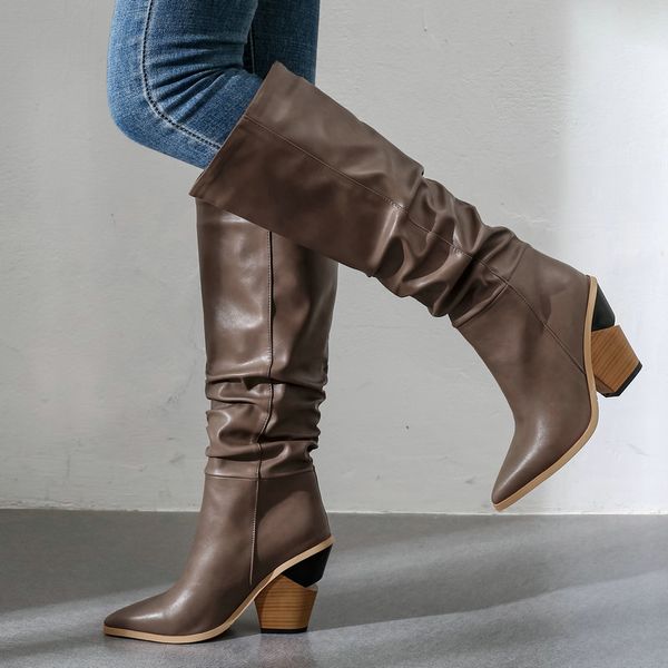 

white brown black faux leather cowboy knee boots for women wedge high heel boots pointed toe slouchy western cowgirl 2019