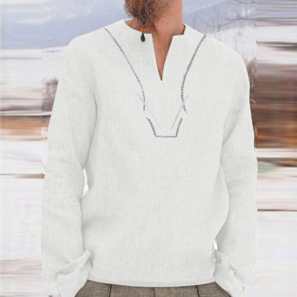 

men shirts autumn fashion v-neck long sleeve vintage embroidery solid color metropolis male tees, White;black