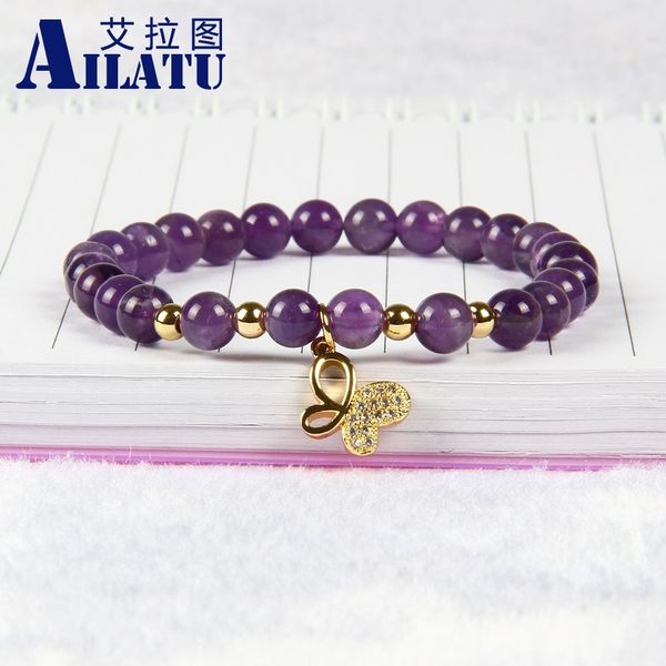 

ailatu 10pcs/lot 6mm natural purple crystal stone beads with clear cz bracelet fine girl women charms jewelry, Golden;silver