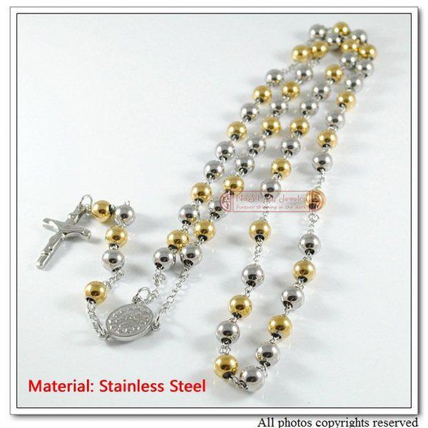 

fashion stainless steel mens catholic rosary necklace jewelry, 31.5" long, silver&gold beads,wholesale wn089