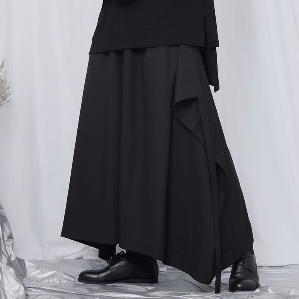 

новые моды случайных брюки мужского рыхлый простой широкой ноги брюки мужских персонализированные двойная юбка костюмы, Black