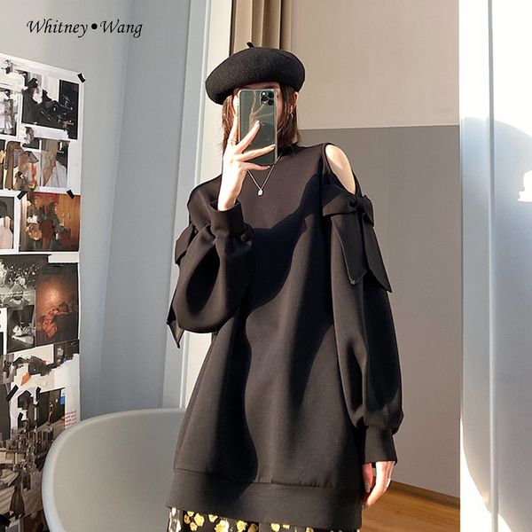 

whitney wang 2020 autumn fashion streetwear hollow out sweet bow shoulder oversize sweatshirt women hoodies pullover, Black