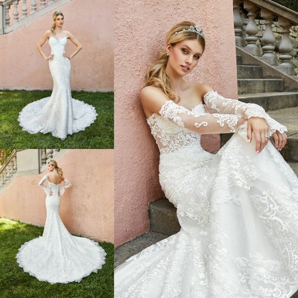 

amazing mermaid lace wedding dresses with detachable long sleeves sweetheart neck bridal gowns sweep train plus size beaded vestido de novia, White