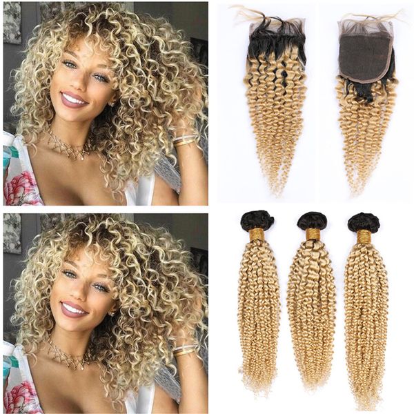 

dark root #1b/613 blonde ombre virgin hair weaves with lace front closure piece 4x4 kinky curly brazilian ombre blonde human hair bundles, Black