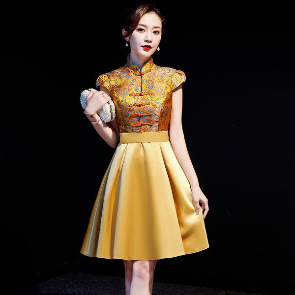 

golden short women cheongsam vintage button pleated dress print floral mandarin collar vestidos de festa elegant slim qipao, Red