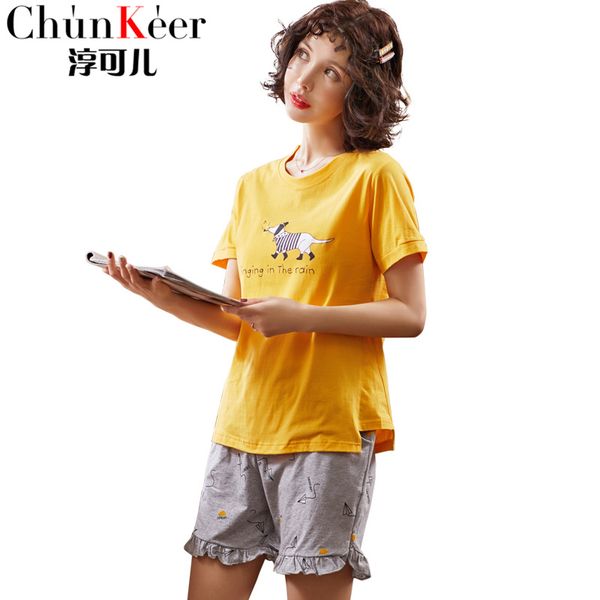 

women summer all cotton t shirt + shorts pajamas sets round neck cartoon print soft & comfortable homeware sleepware femme, Blue;gray