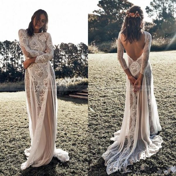 

2020 new vintage lace backless boho beach wedding dresses long sleeve nude lining country bohemian wedding gowns hippie gypsy bride dress, White