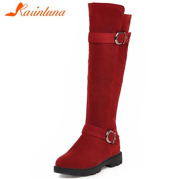 

karin new arrivals size 33-43 buckle decoration knee high boots woman shoes zip up chunky heels shoes women boots, Black
