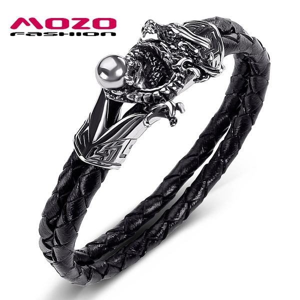 

fashion men jewelry black double layer leather bracelet stainless steel punk dragon with beads chameleon bangle ps1048, Golden;silver