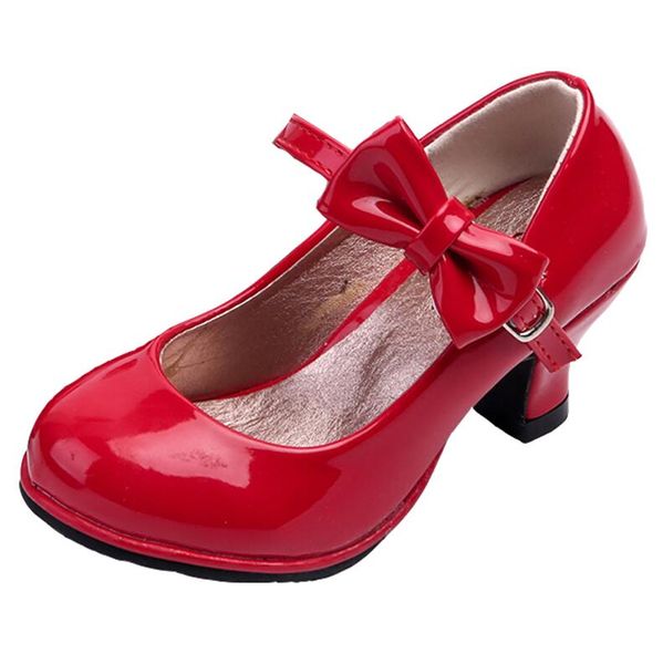 Neue heiße Prinzessin-Leder-Tanzschuhe für Mädchen, Party-Bogen-Schuhe, glänzend, solide rote Farbe, modisches Leder mit hohen Absätzen für Kinder
